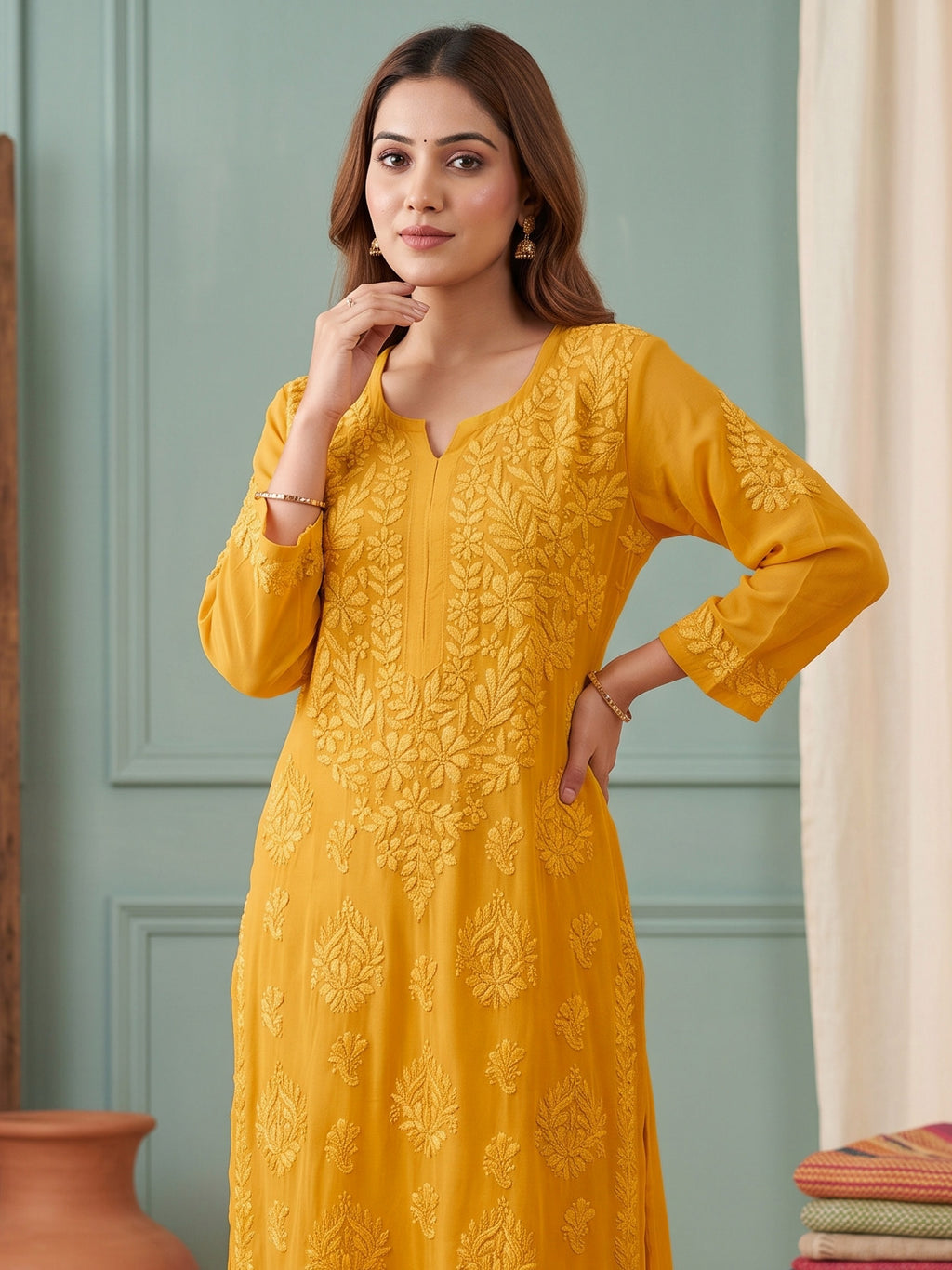 Mustard Yellow Georgette Chikankari Set with Dupatta