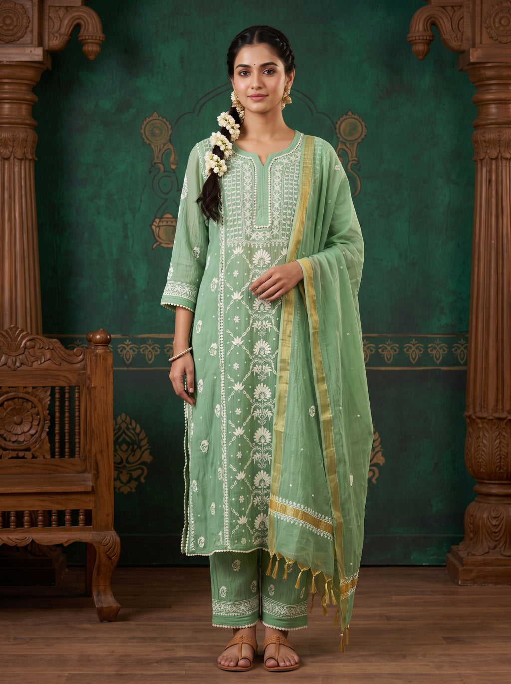 Green Chikankari Cotton Kurta Set with Dupatta