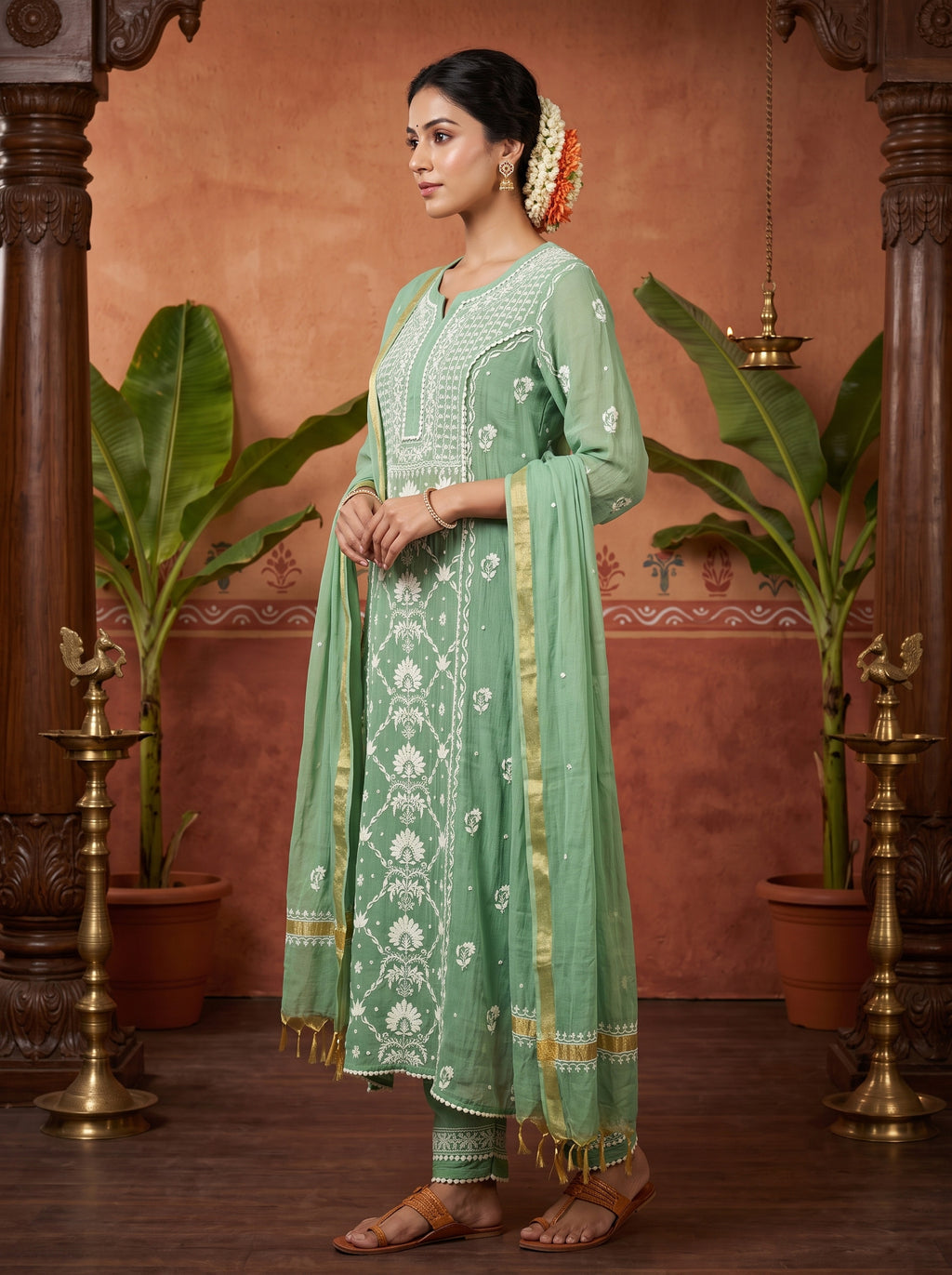 Green Chikankari Cotton Kurta Set with Dupatta