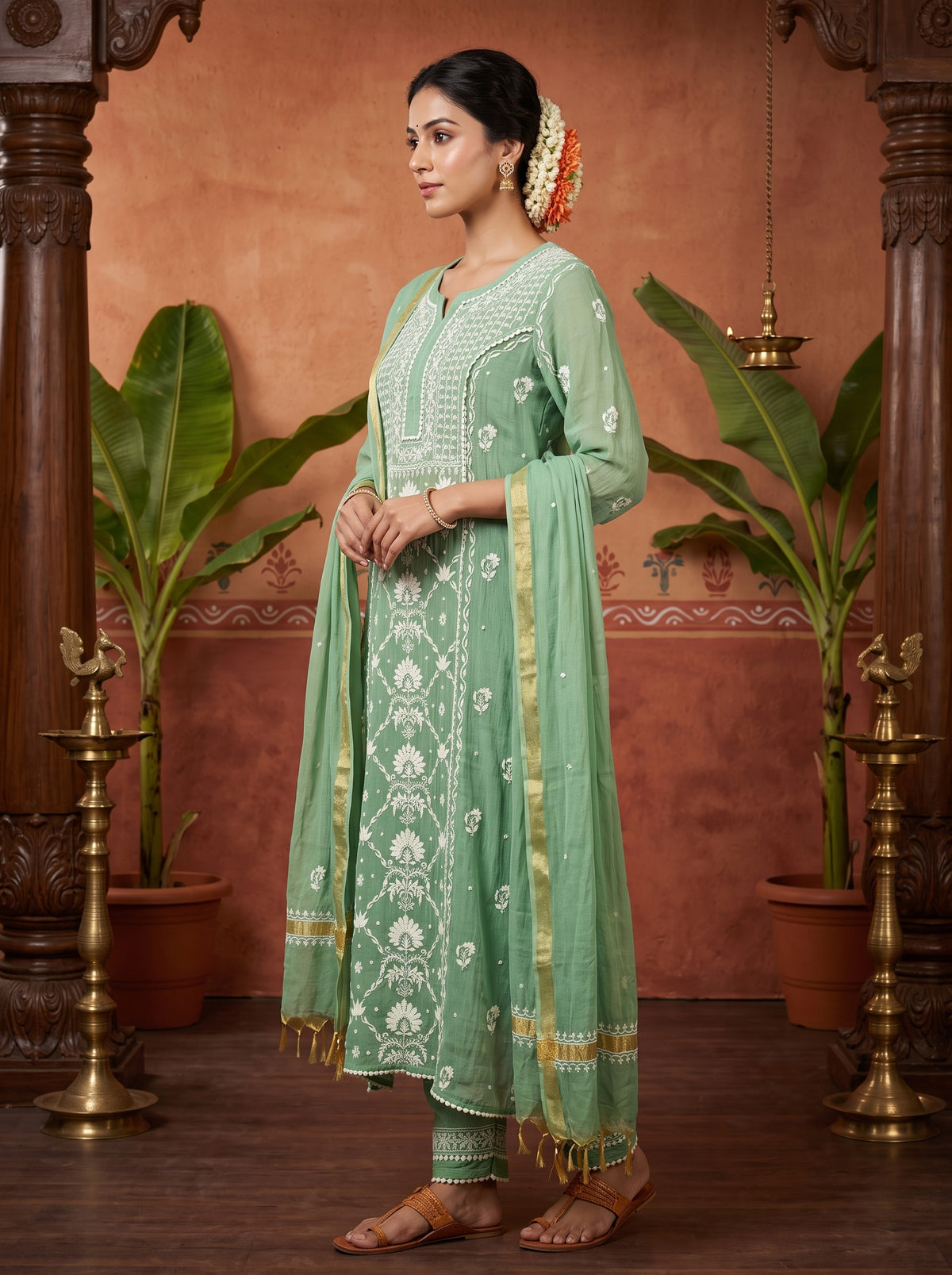 Green Chikankari Cotton Kurta Set with Dupatta