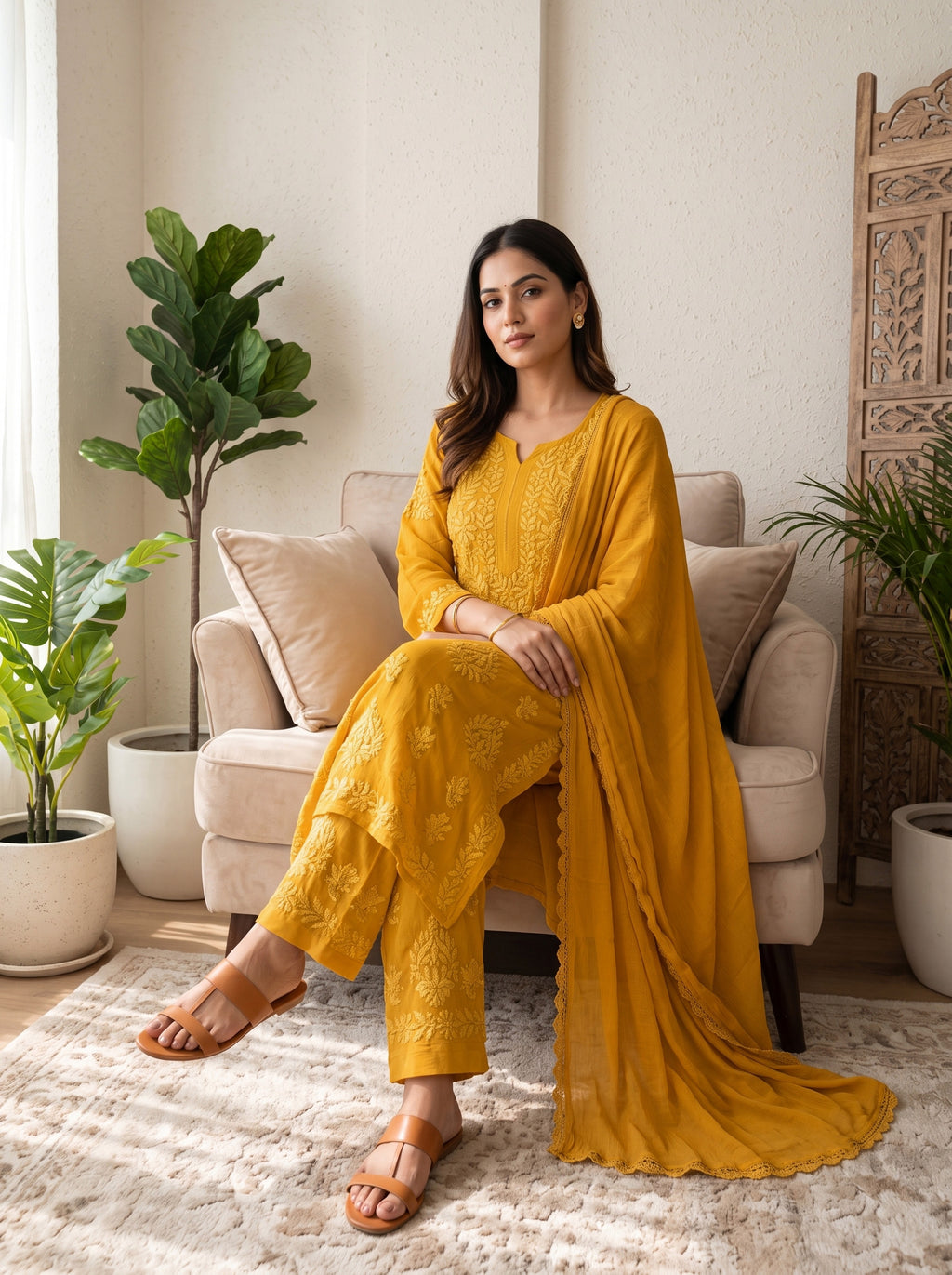 Mustard Yellow Georgette Chikankari Set with Dupatta