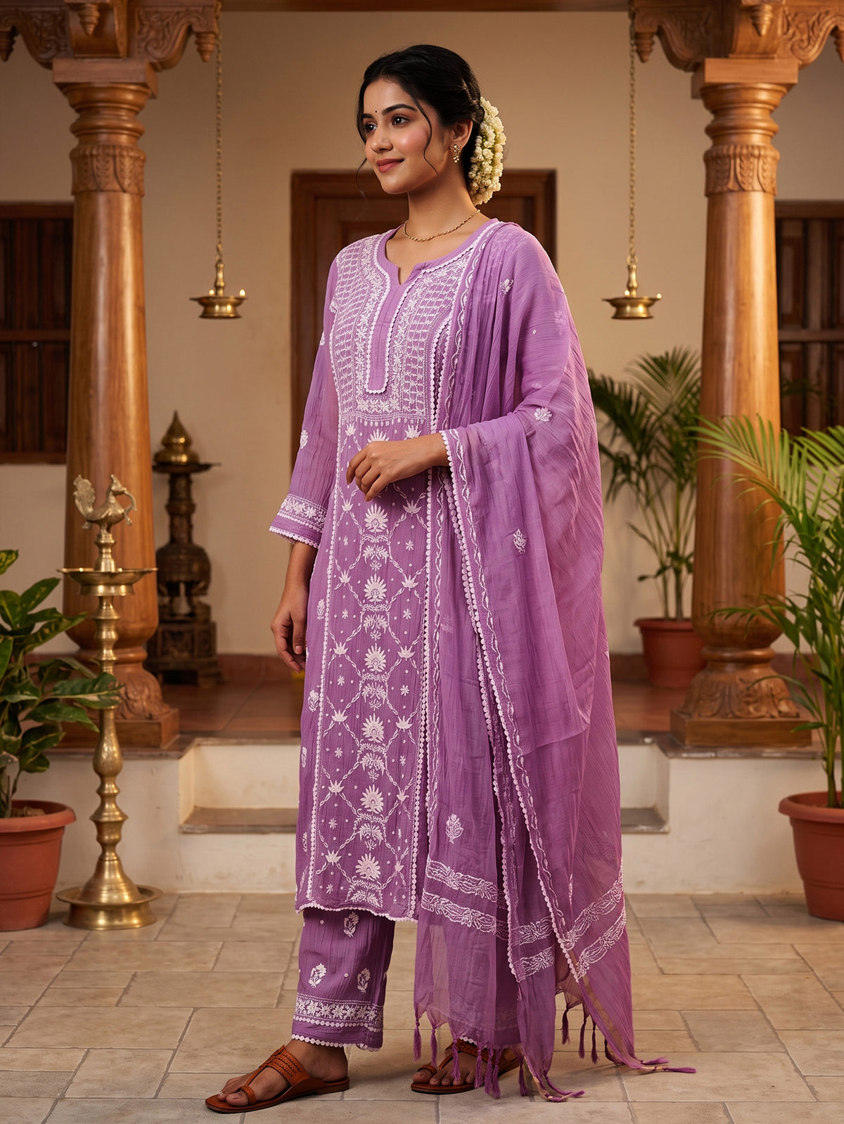 Purple Chikankari Cotton Kurta Set with Dupatta