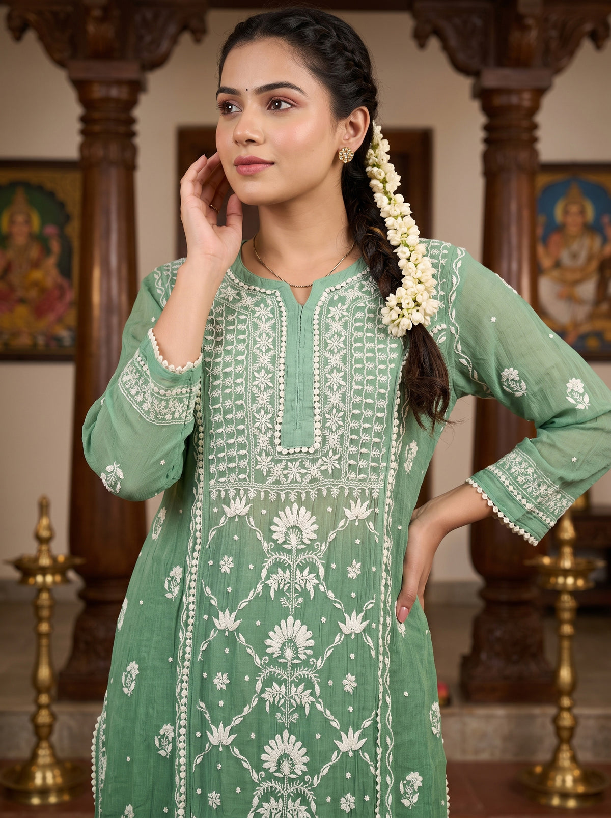 Green Chikankari Cotton Kurta Set with Dupatta