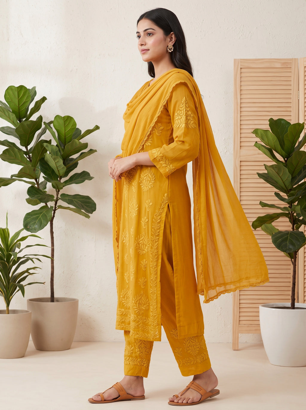 Mustard Yellow Georgette Chikankari Set with Dupatta