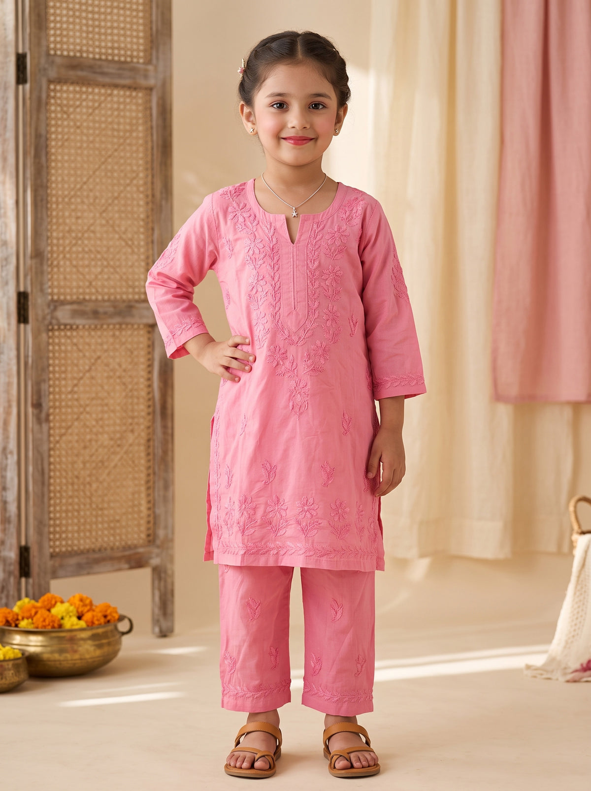 Kids Cotton Kurta Pants Set - Pink