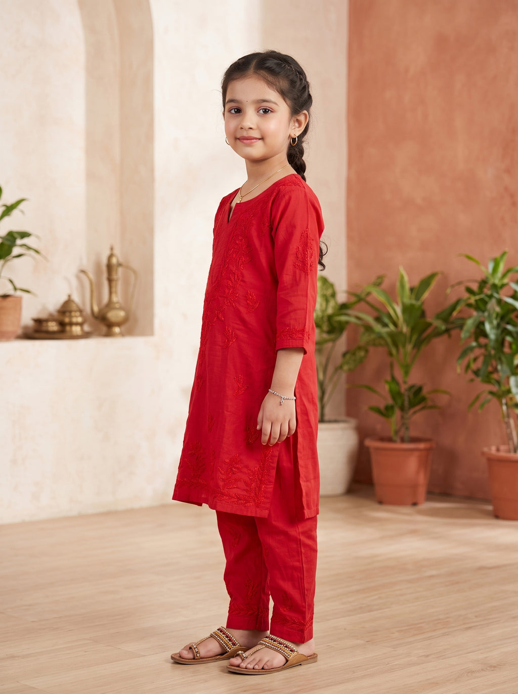 Kids Cotton Kurta Pants Set - Red