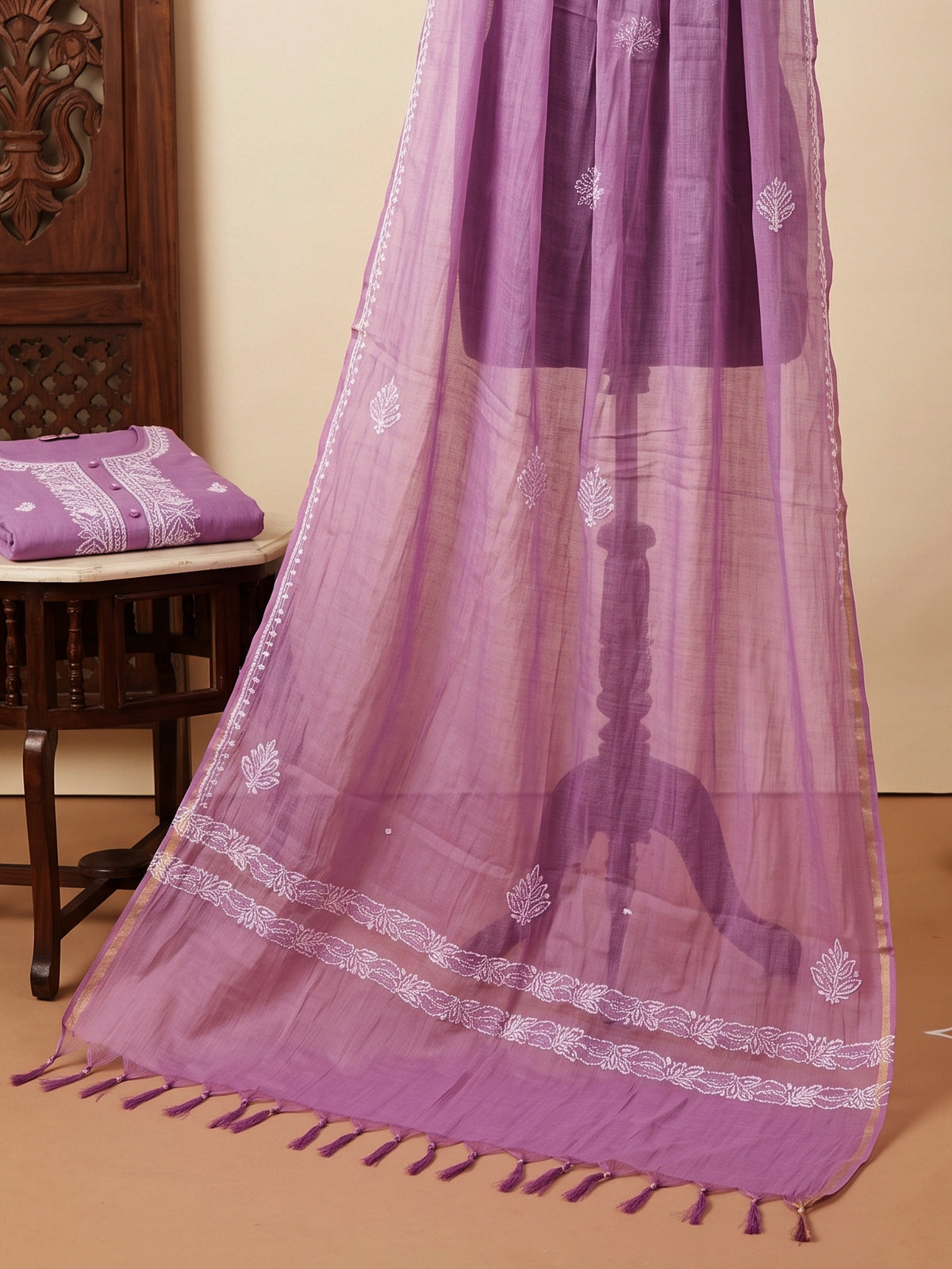 Purple Chikankari Cotton Kurta Set with Dupatta