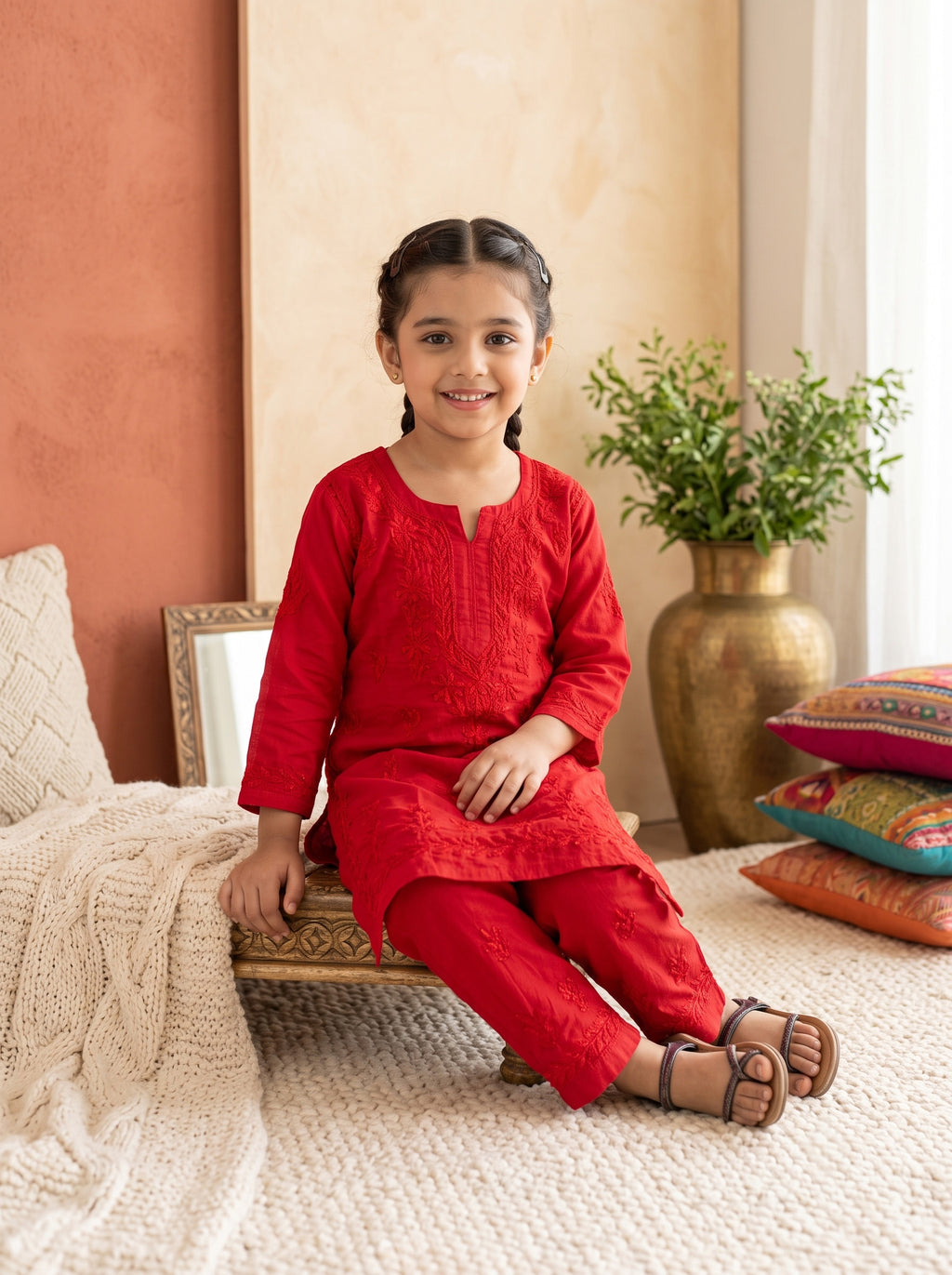 Kids Cotton Kurta Pants Set - Red