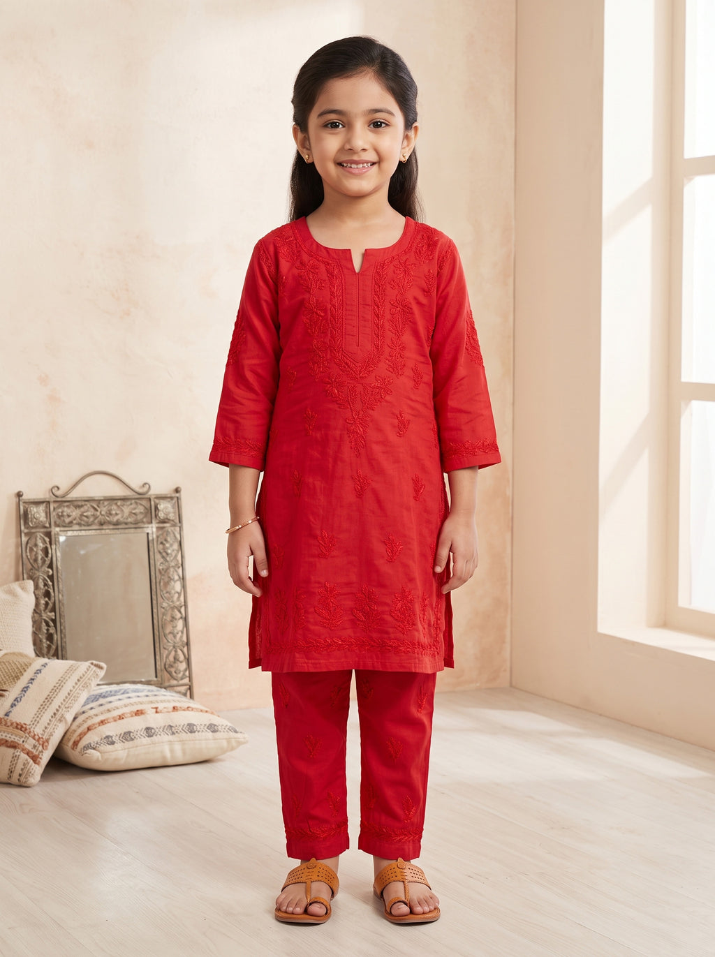 Kids Cotton Kurta Pants Set - Red