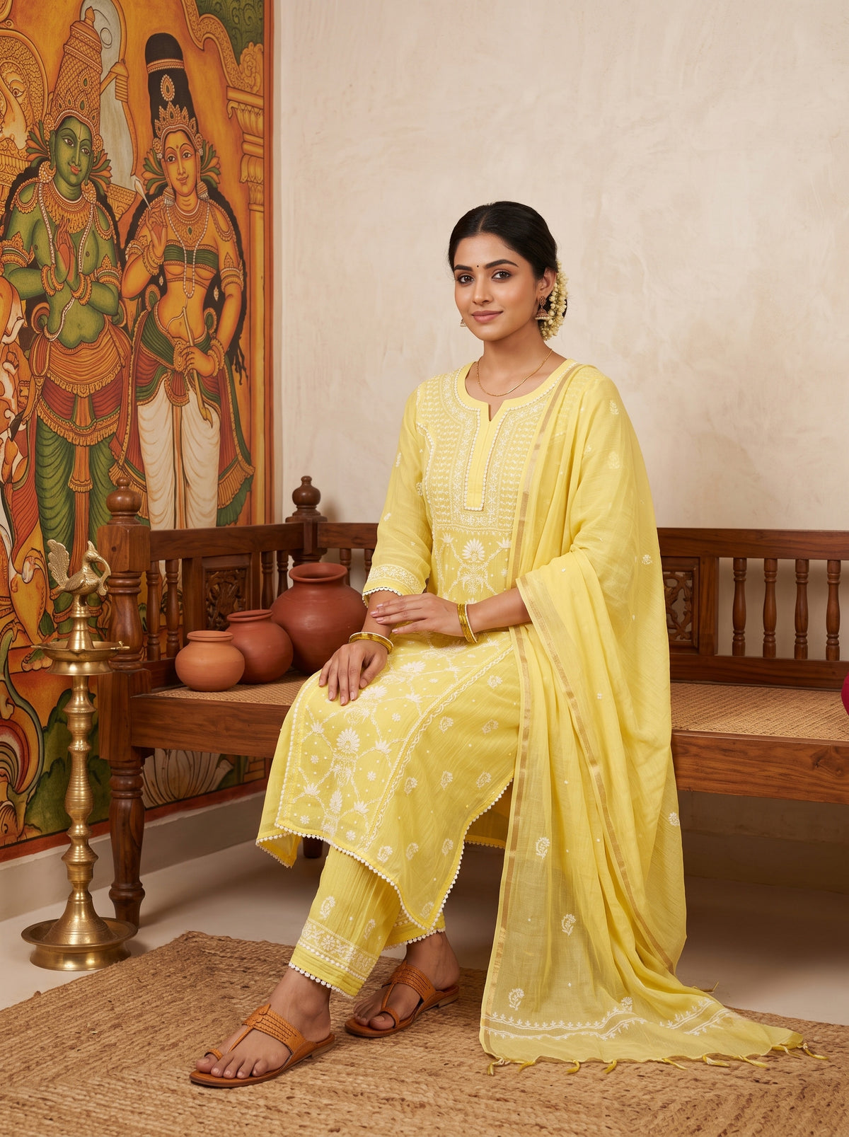 Yellow Chikankari Cotton Kurta Set with Dupatta