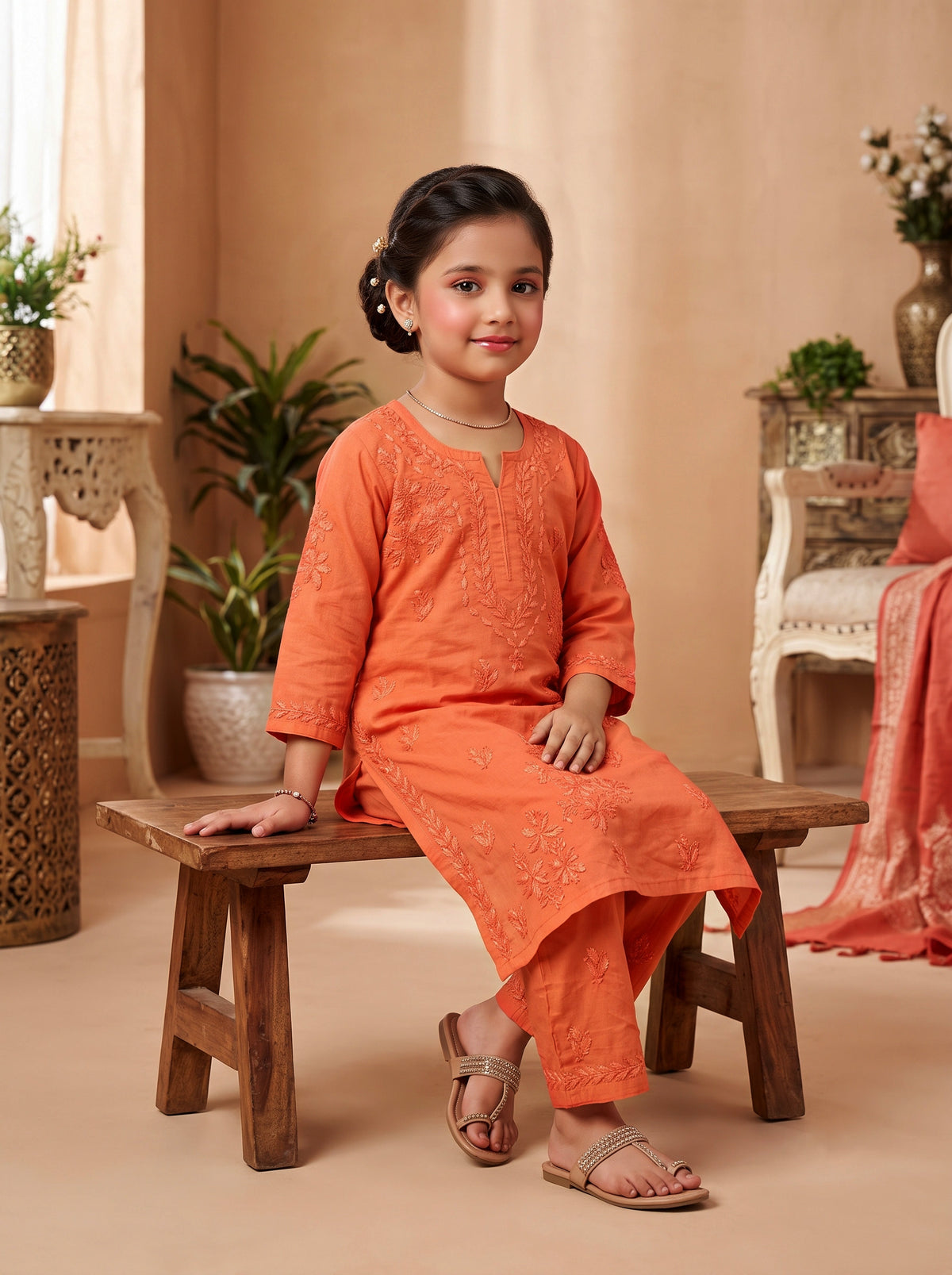 Kids Cotton Kurta Pants Set - Rust