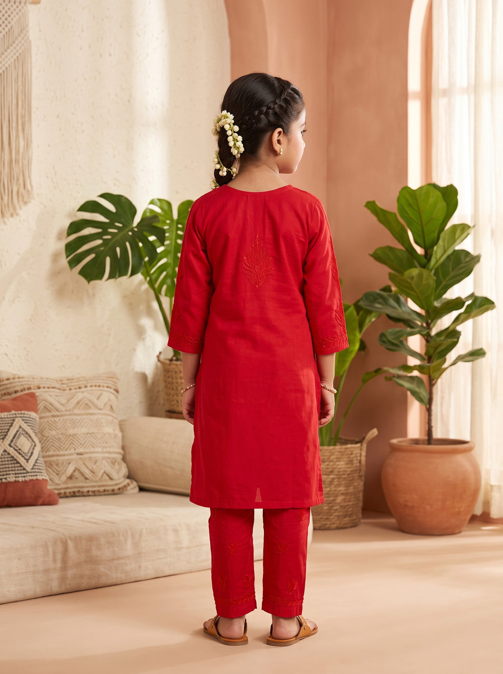 Kids Cotton Kurta Pants Set - Red