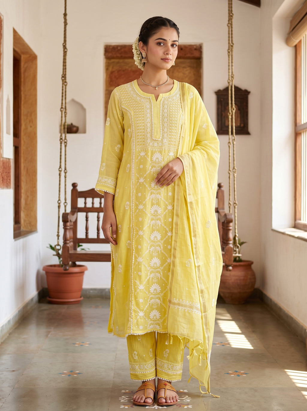 Yellow Chikankari Cotton Kurta Set with Dupatta