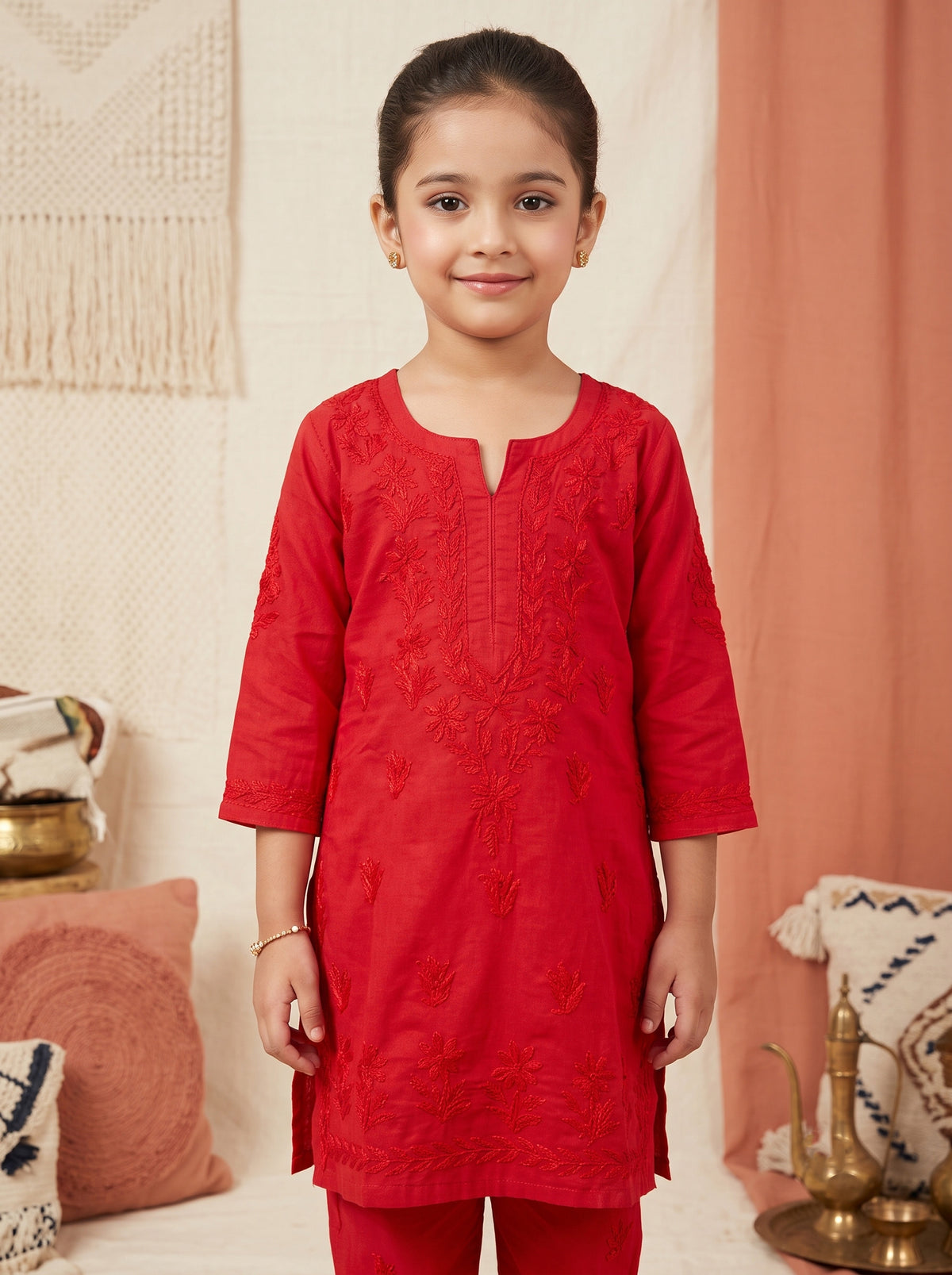 Kids Cotton Kurta Pants Set - Red