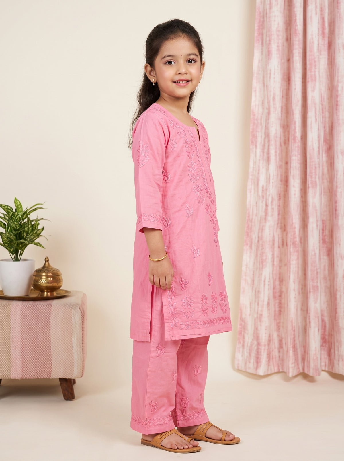 Kids Cotton Kurta Pants Set - Pink