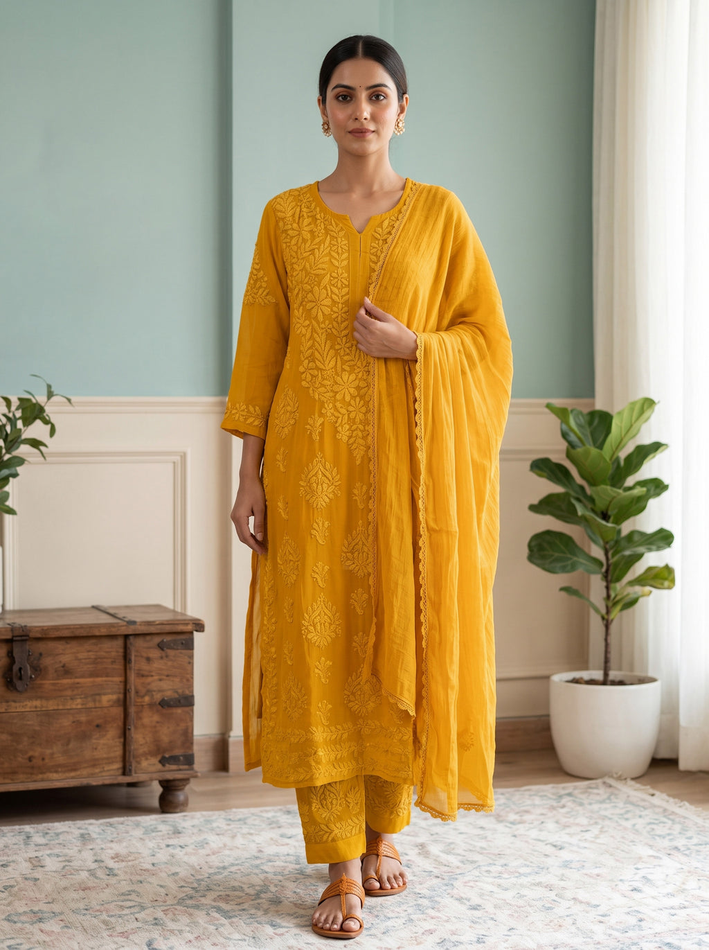 Mustard Yellow Georgette Chikankari Set with Dupatta