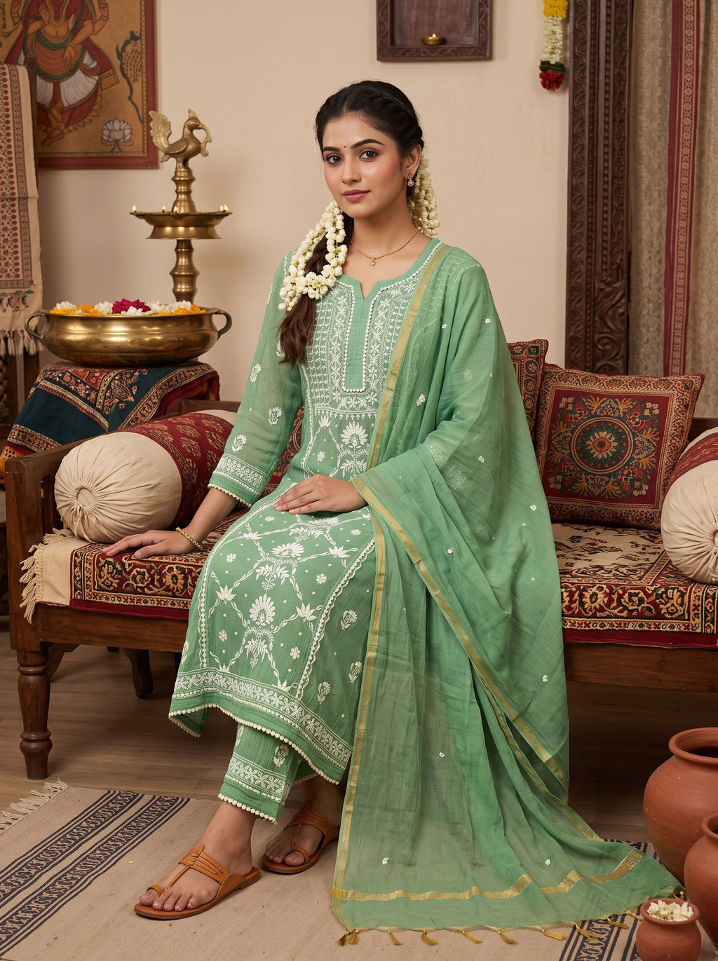 Green Chikankari Cotton Kurta Set with Dupatta