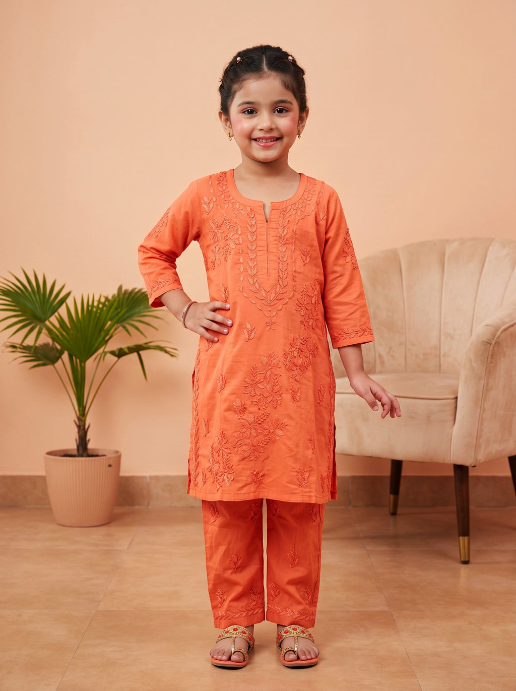 Kids Cotton Kurta Pants Set - Rust