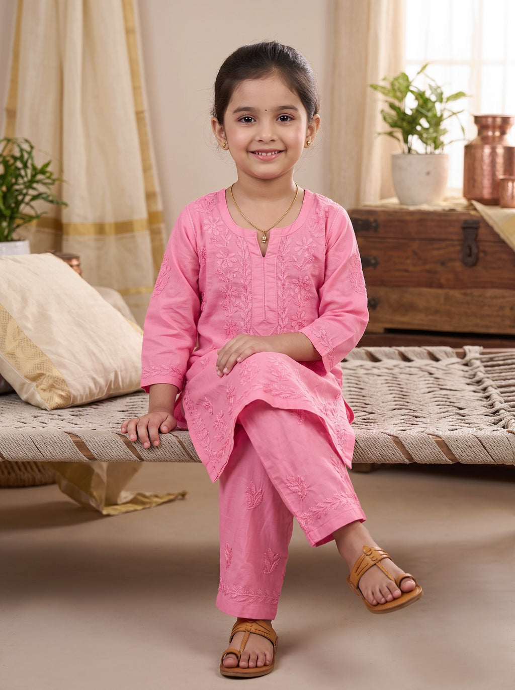 Kids Cotton Kurta Pants Set - Pink