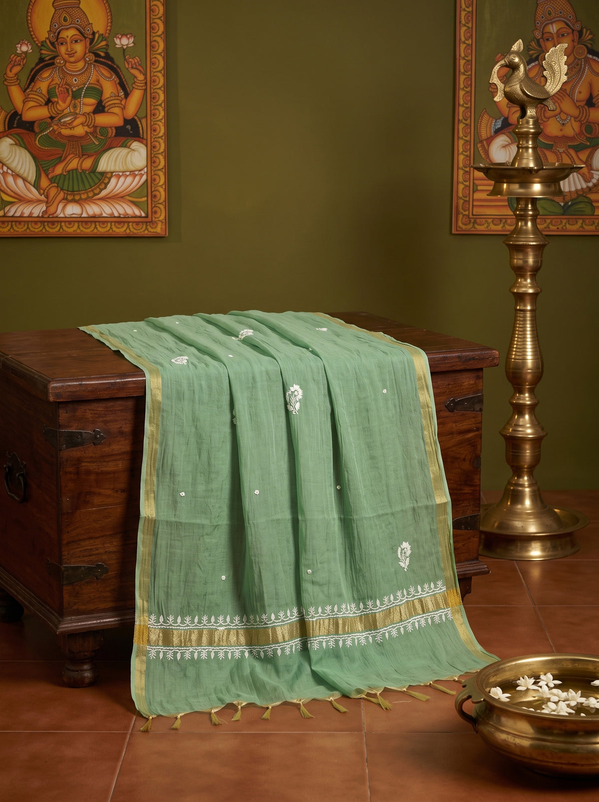 Green Chikankari Cotton Kurta Set with Dupatta