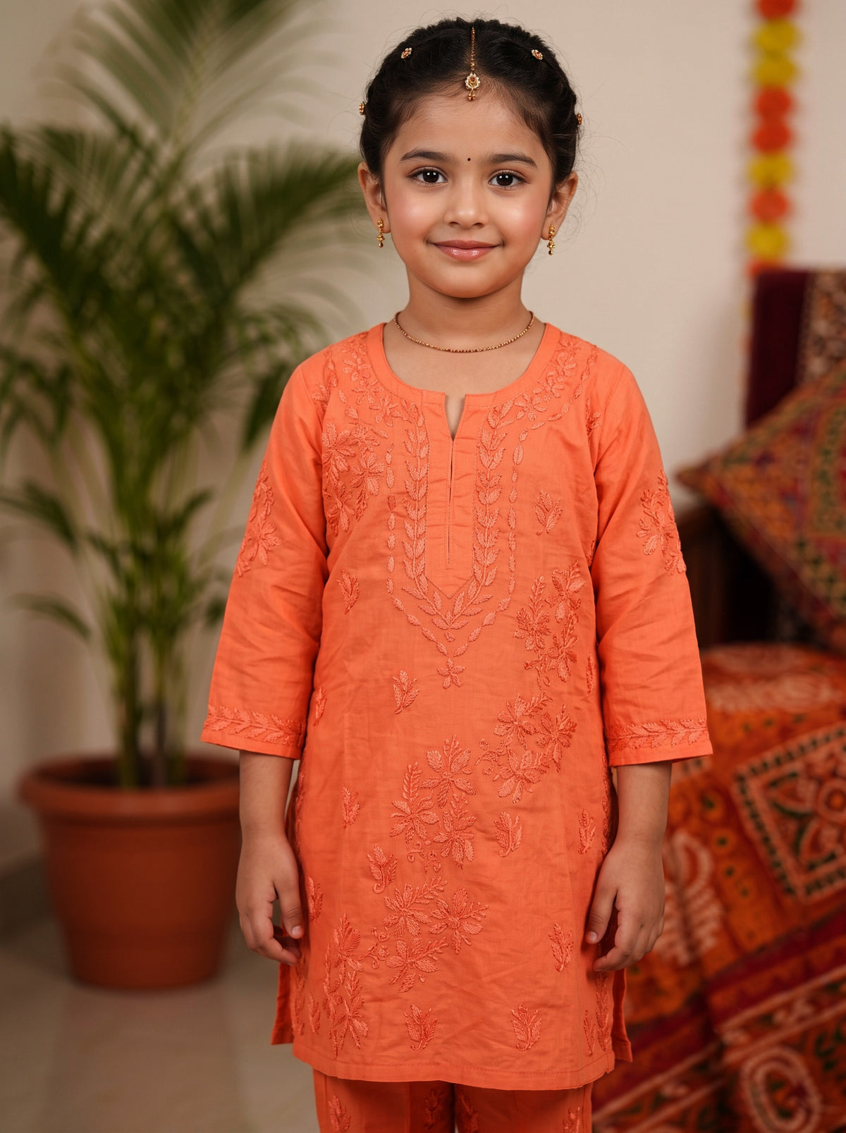 Kids Cotton Kurta Pants Set - Rust
