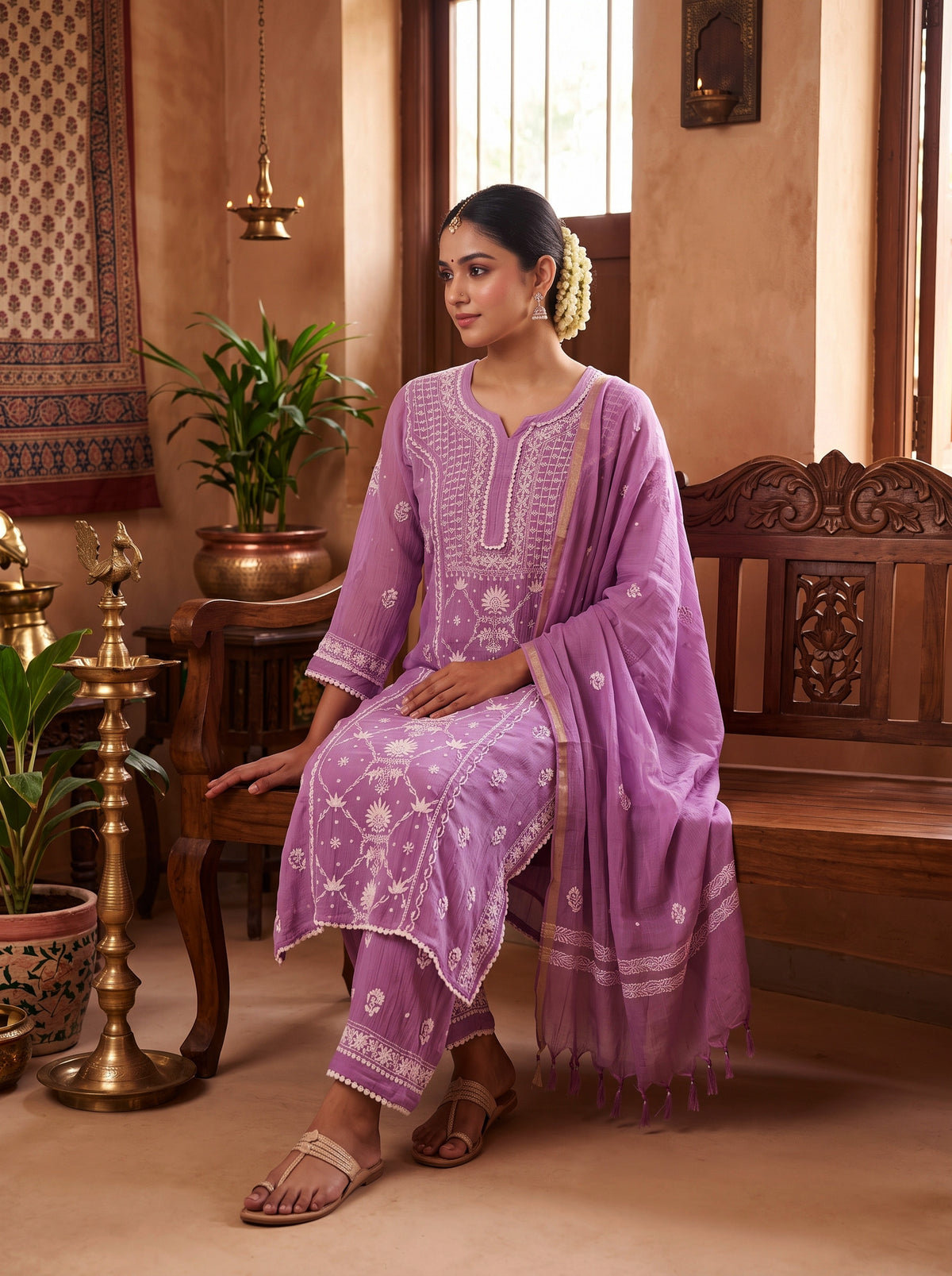 Purple Chikankari Cotton Kurta Set with Dupatta