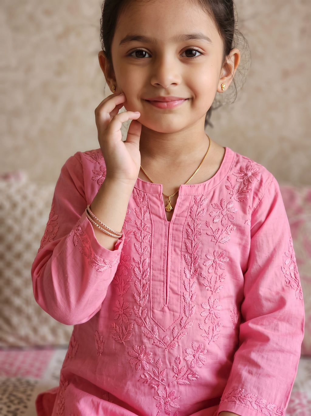 Kids Cotton Kurta Pants Set - Pink