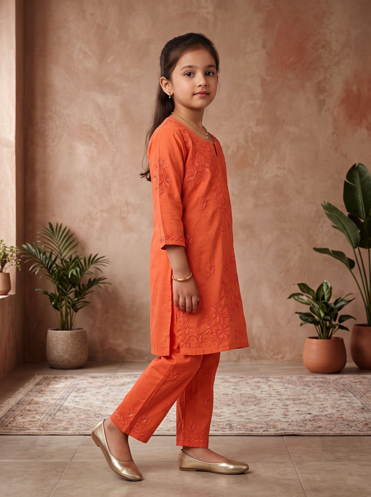 Kids Cotton Kurta Pants Set - Rust