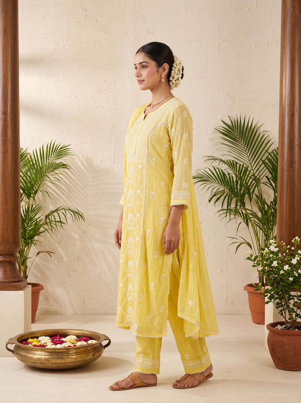 Yellow Chikankari Cotton Kurta Set with Dupatta