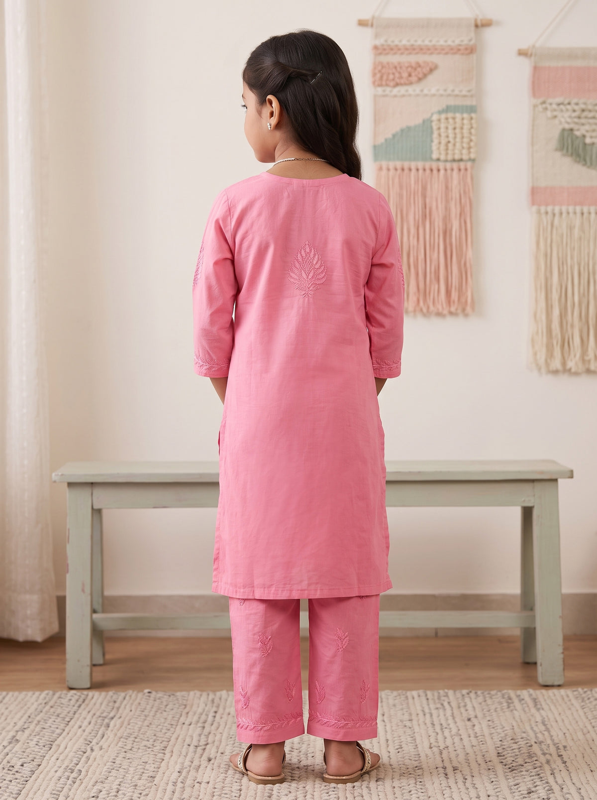 Kids Cotton Kurta Pants Set - Pink