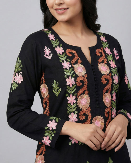 Black Rayon Chikankari Kurta (Multi Color Thread Embroidery)