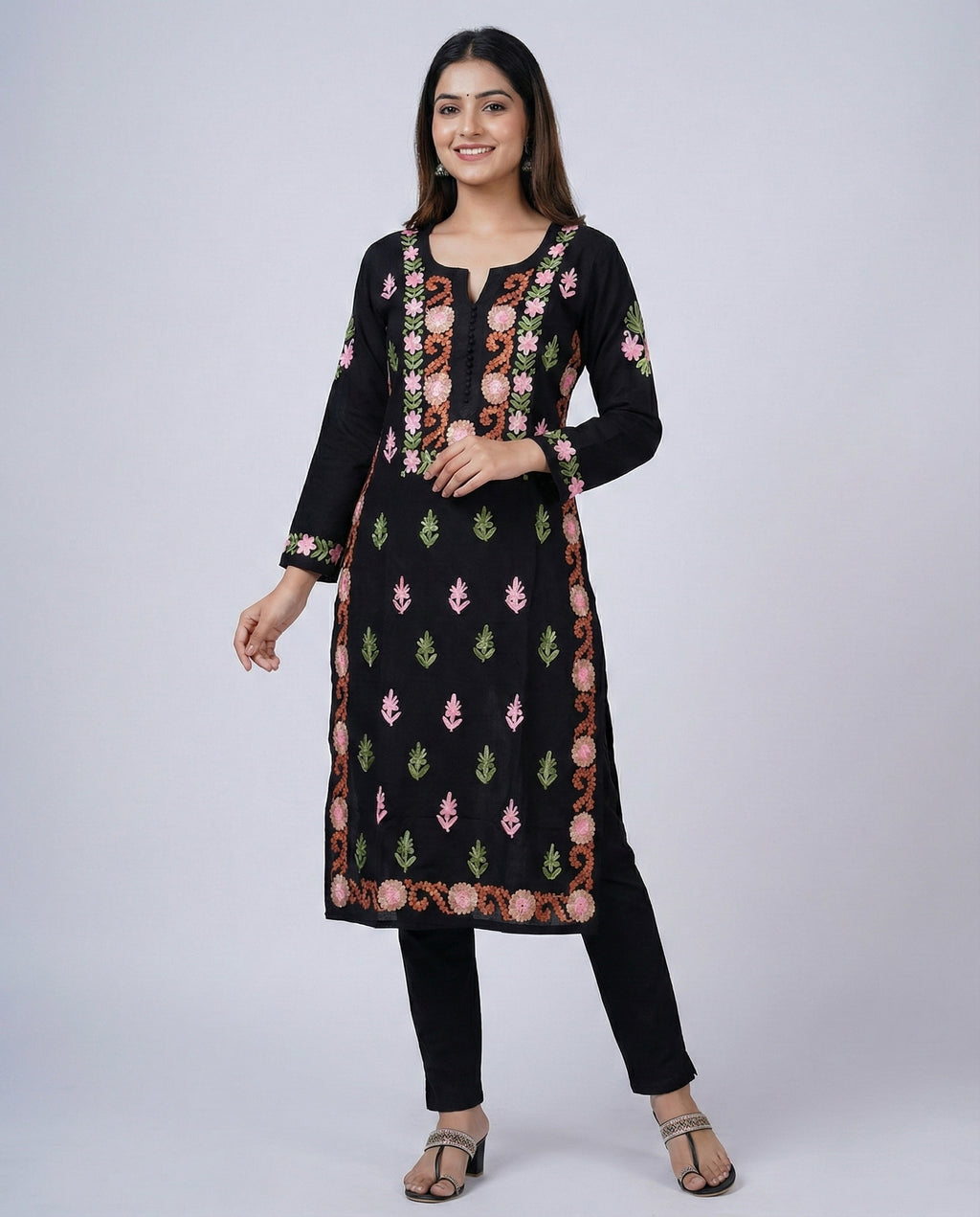 Black Rayon Chikankari Kurta (Multi-color Thread Embroidery)