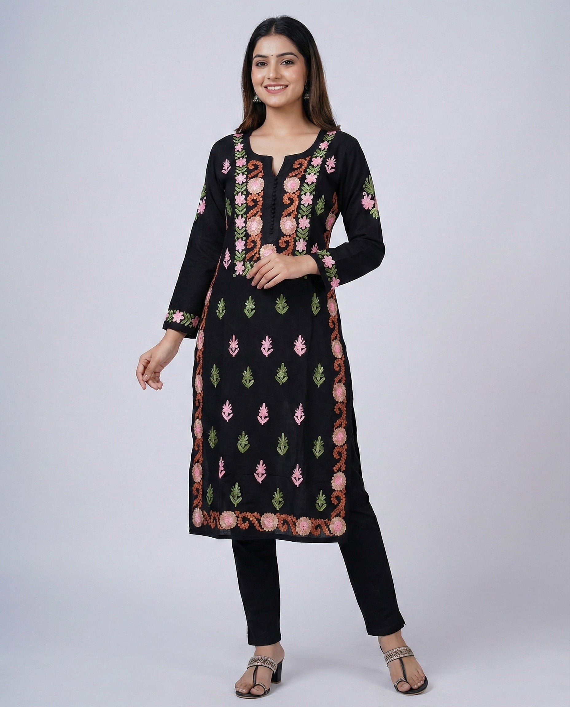 Black Rayon Chikankari Kurta (Multi-color Thread Embroidery)