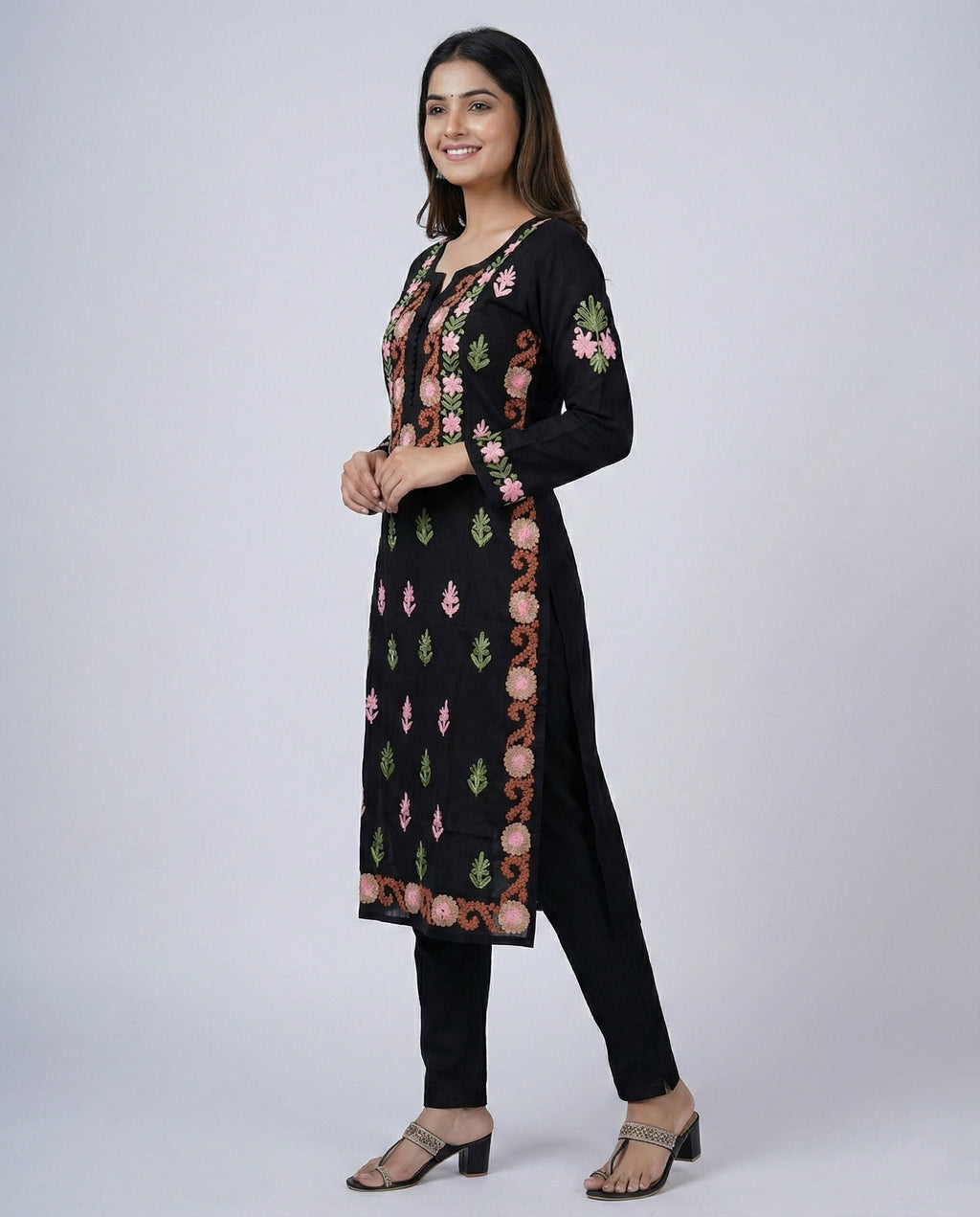 Black Rayon Chikankari Kurta (Multi-color Thread Embroidery)