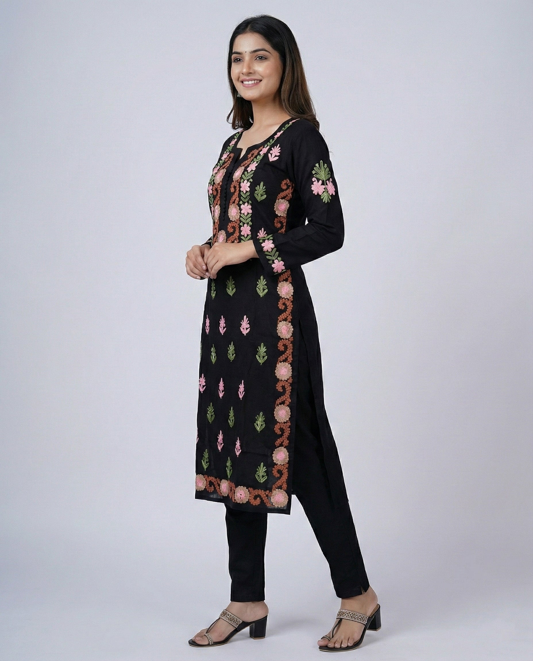 Black Rayon Chikankari Kurta (Multi-color Thread Embroidery)