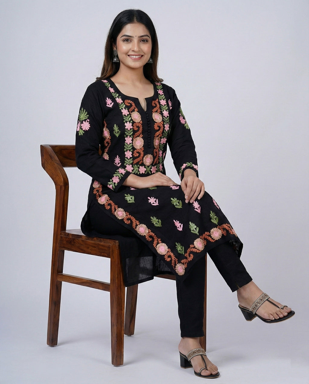 Black Rayon Chikankari Kurta (Multi-color Thread Embroidery)