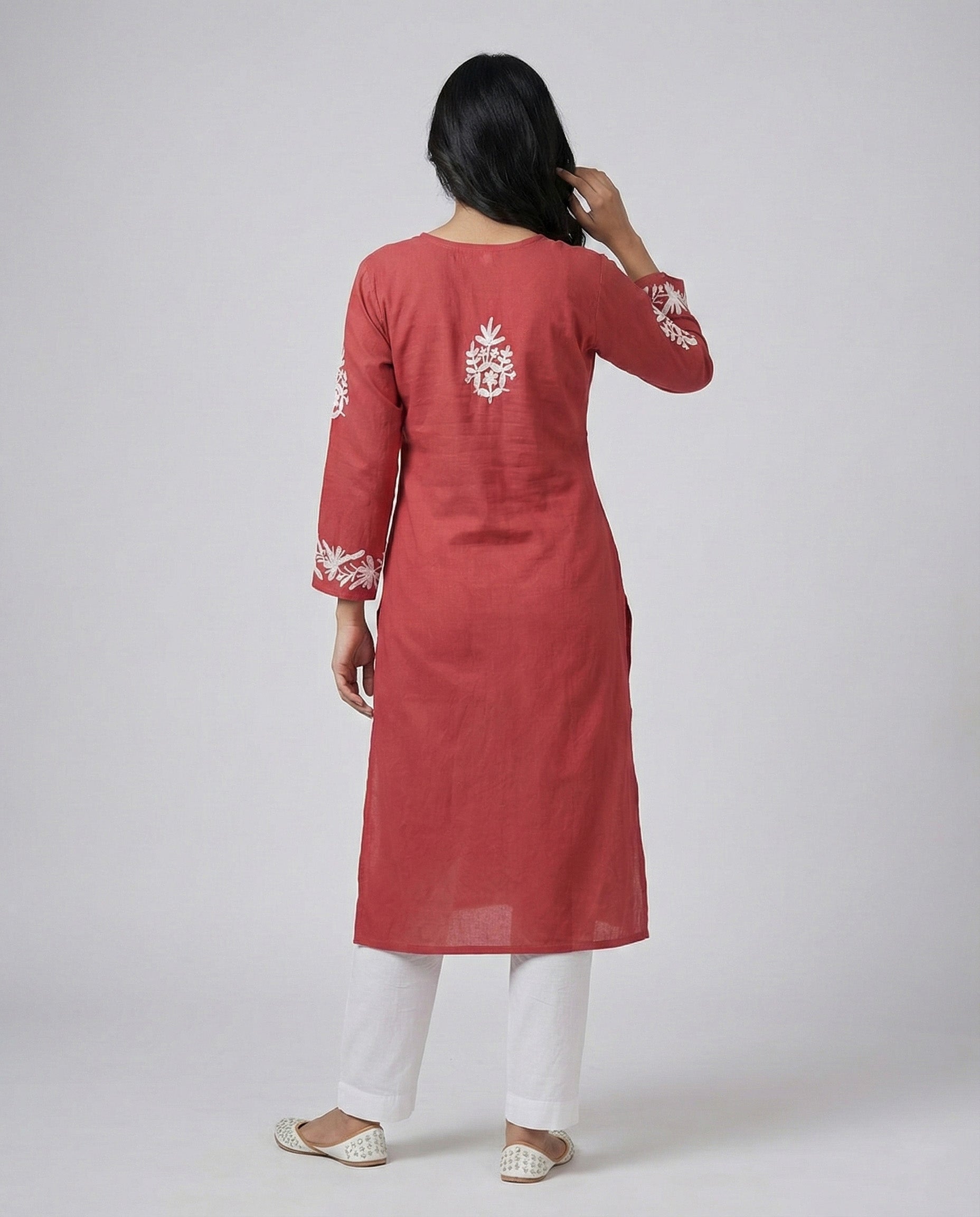 Rayon Chikankari Embroidered Kurta (Red)