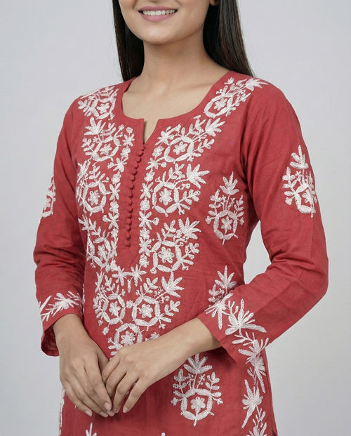 Rayon Chikankari Embroidered Kurta (Red)