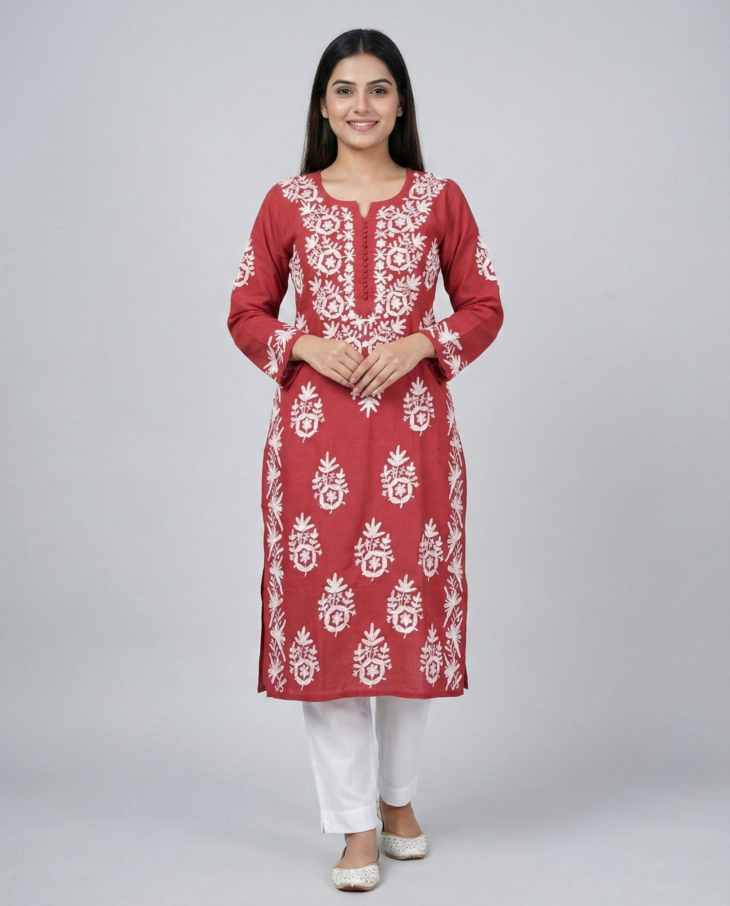 Rayon Chikankari Embroidered Kurta (Red)