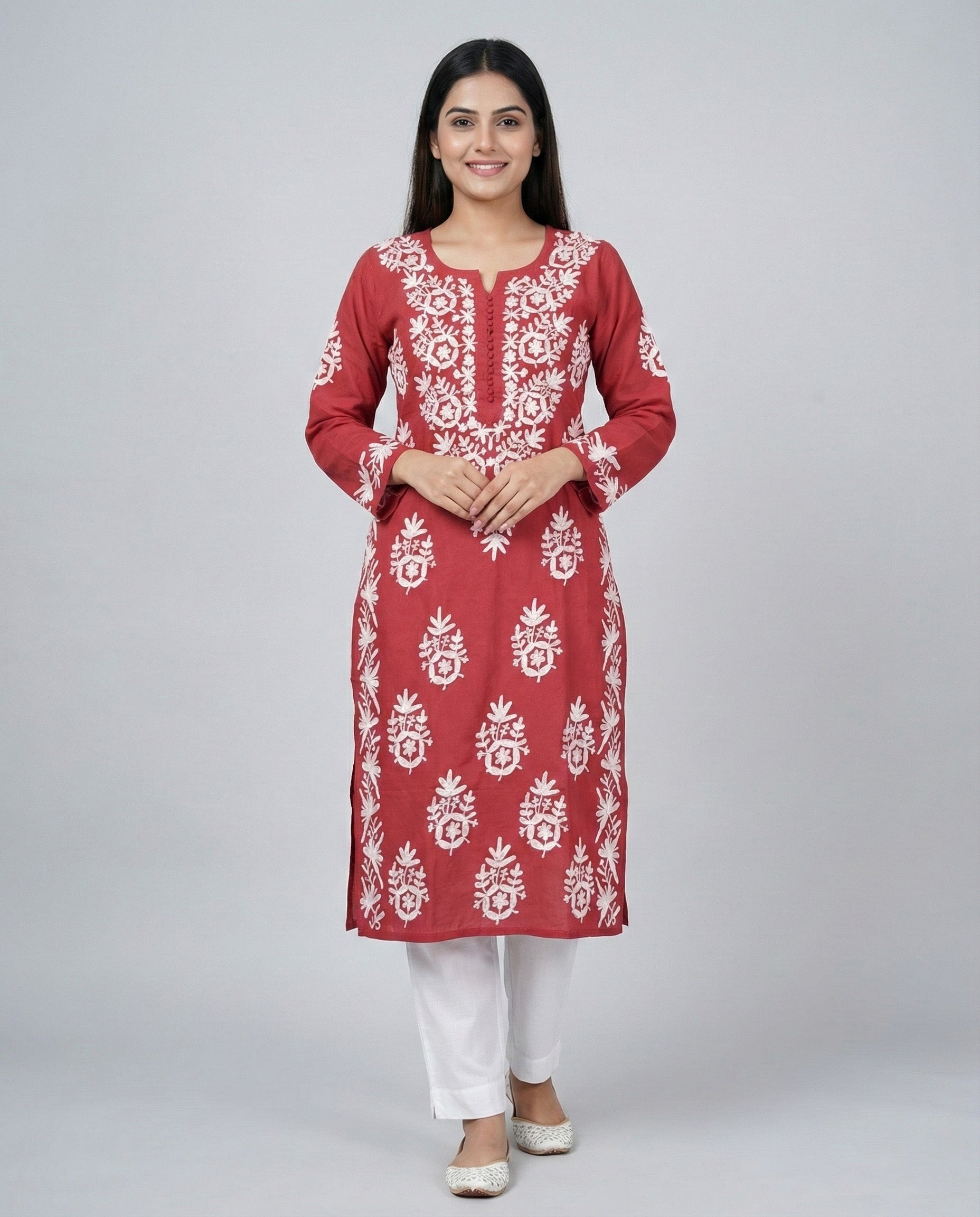 Rayon Chikankari Embroidered Kurta (Red)