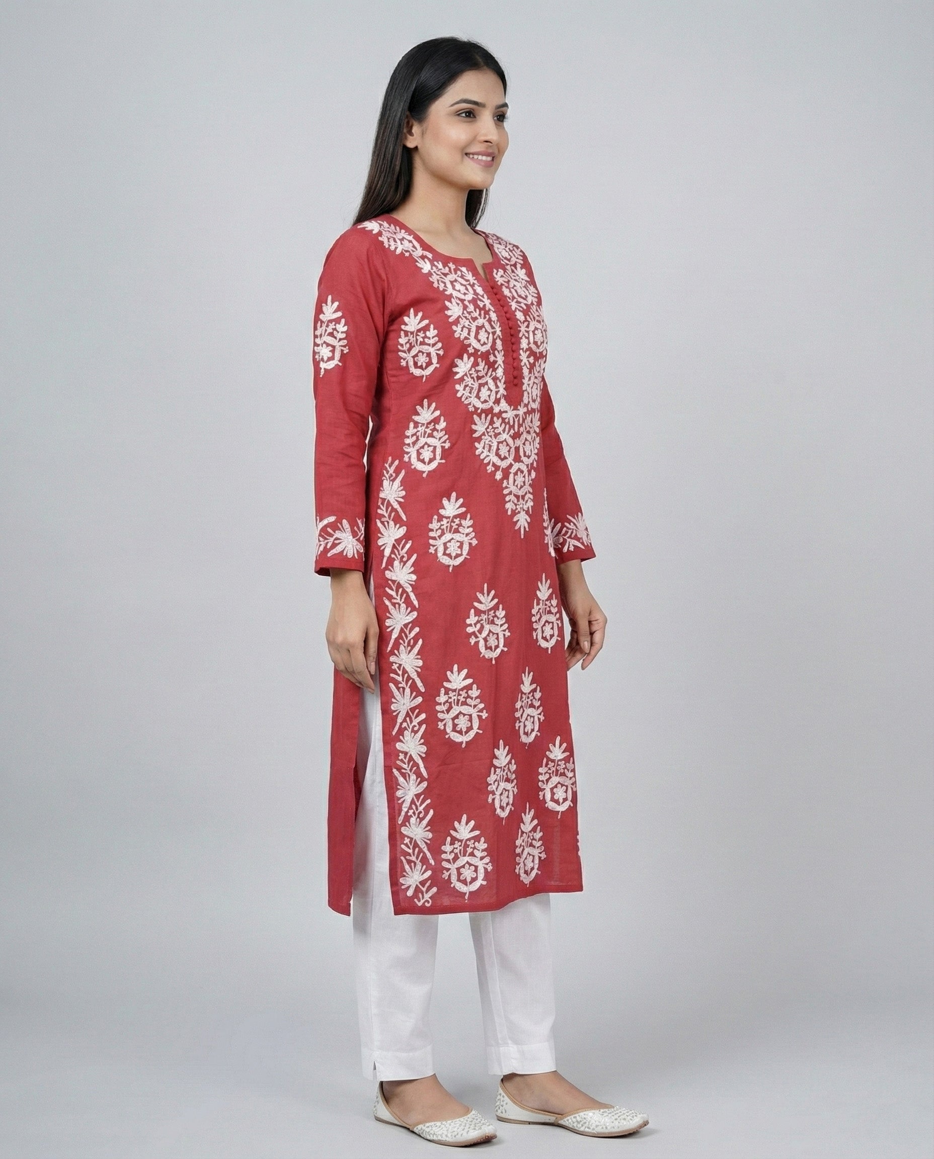 Rayon Chikankari Embroidered Kurta (Red)