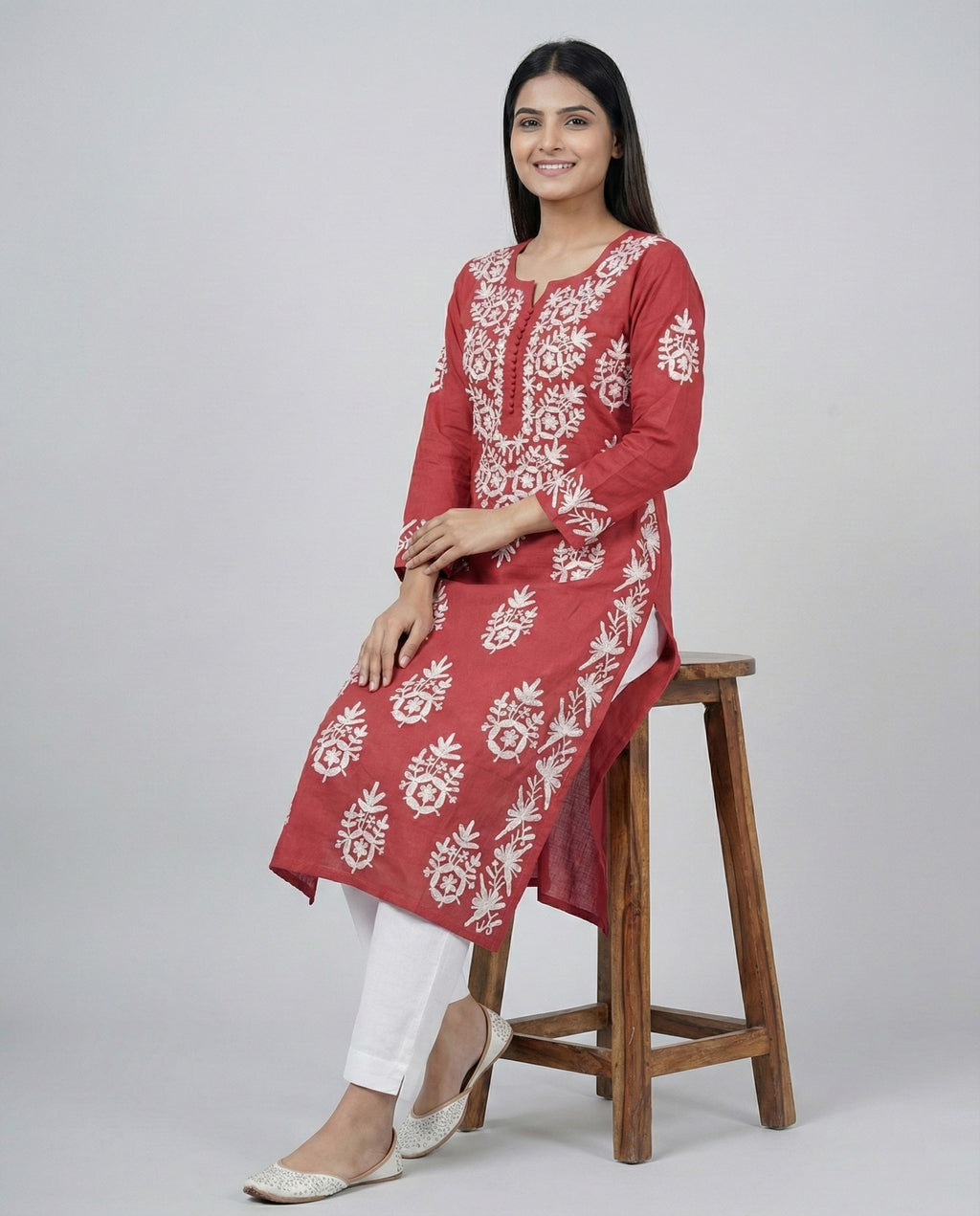 Rayon Chikankari Embroidered Kurta (Red)