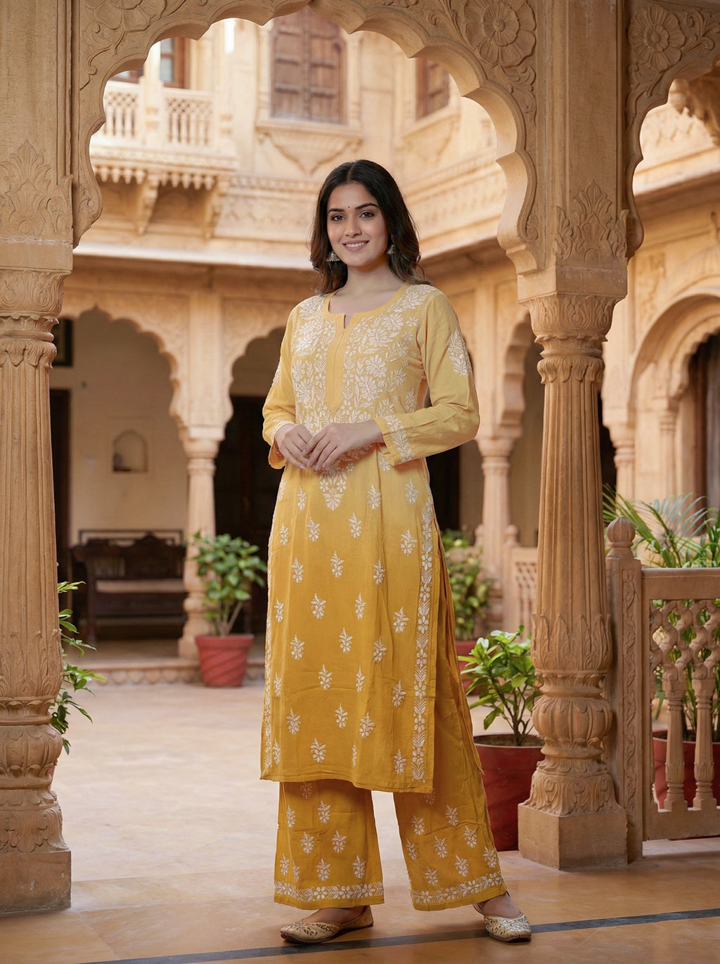 Women Floral Embroidered Regular Chikankari Kurta with Palazzos