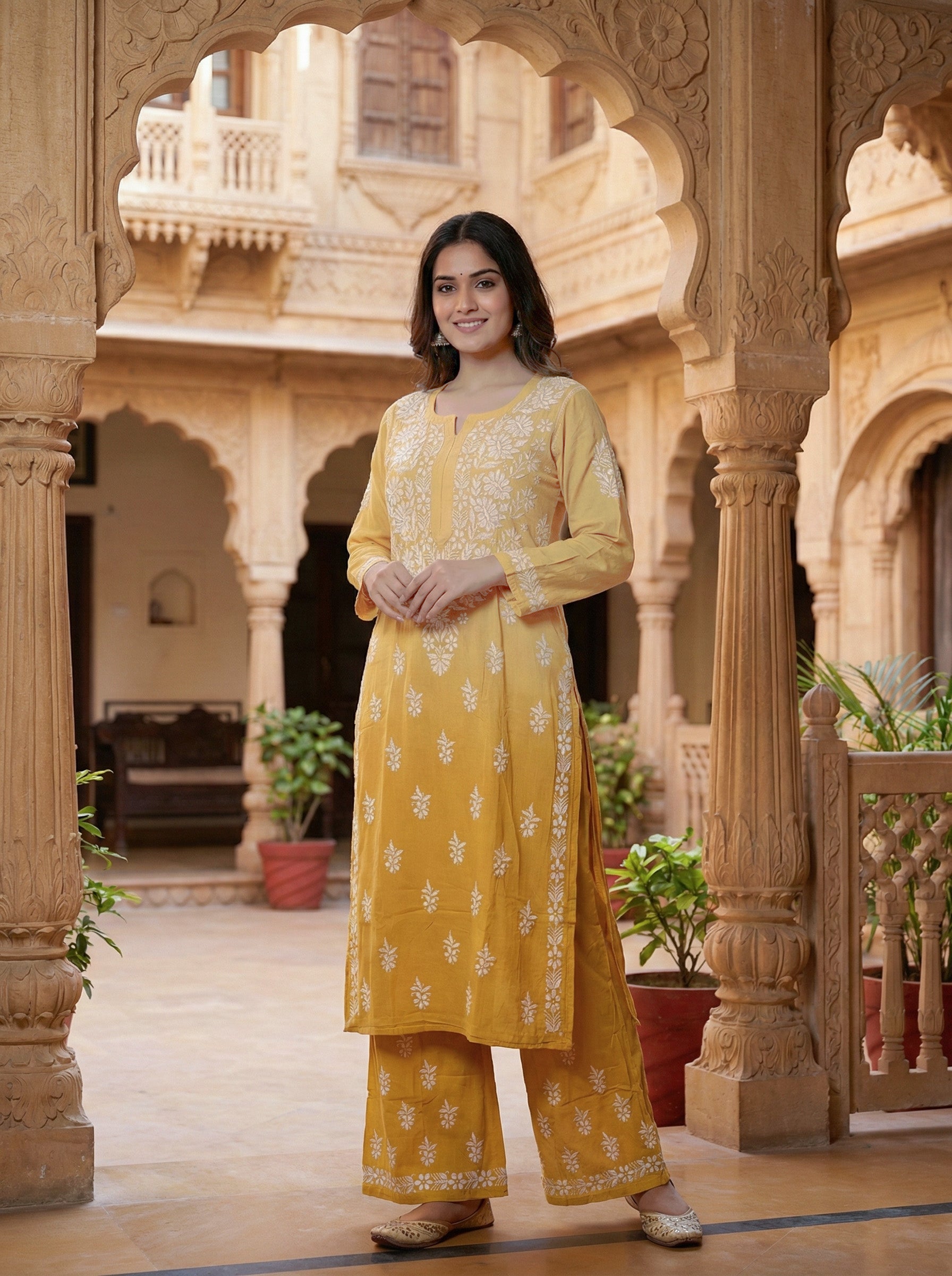 Women Floral Embroidered Regular Chikankari Kurta with Palazzos
