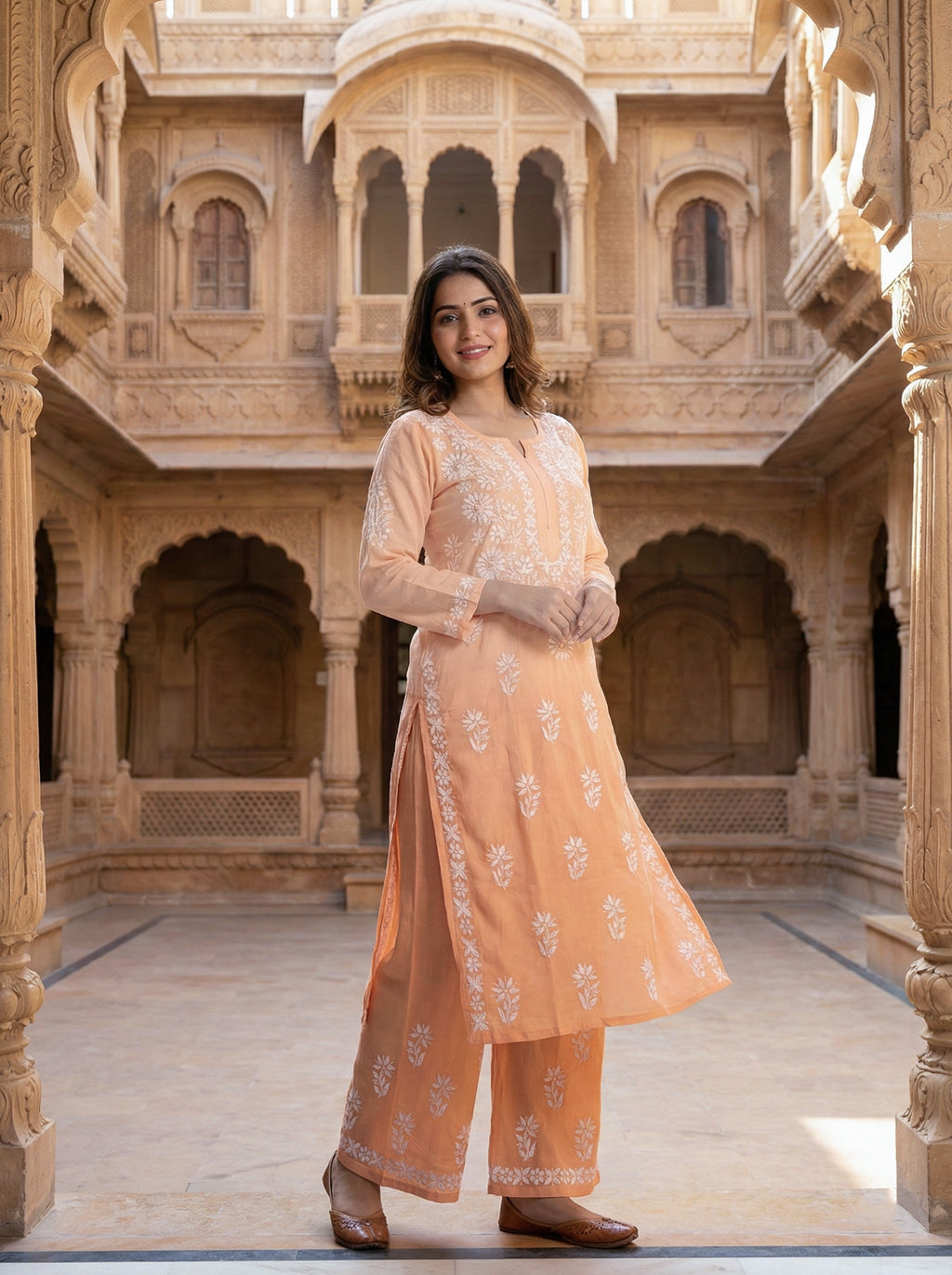 Women Ethnic Motifs Embroidered Regular Chikankari Kurta with Palazzos