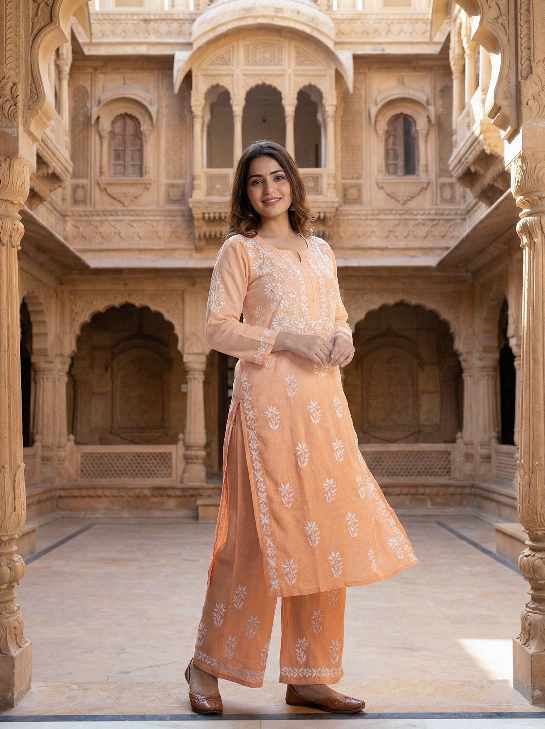 Women Ethnic Motifs Embroidered Regular Chikankari Kurta with Palazzos