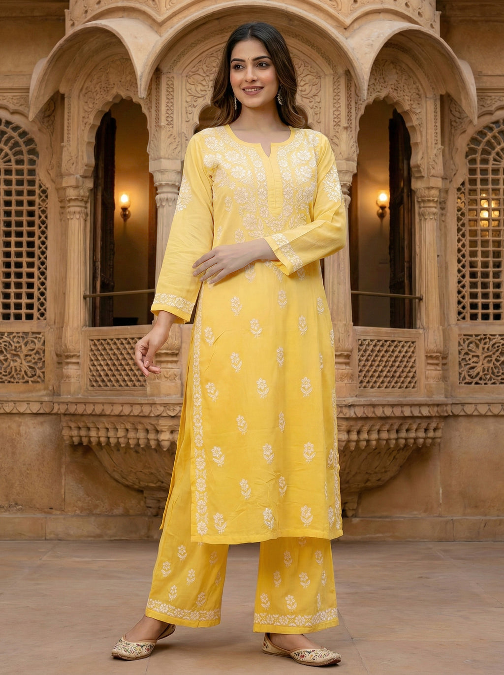 Women Floral Embroidered Regular Chikankari Kurta with Palazzos