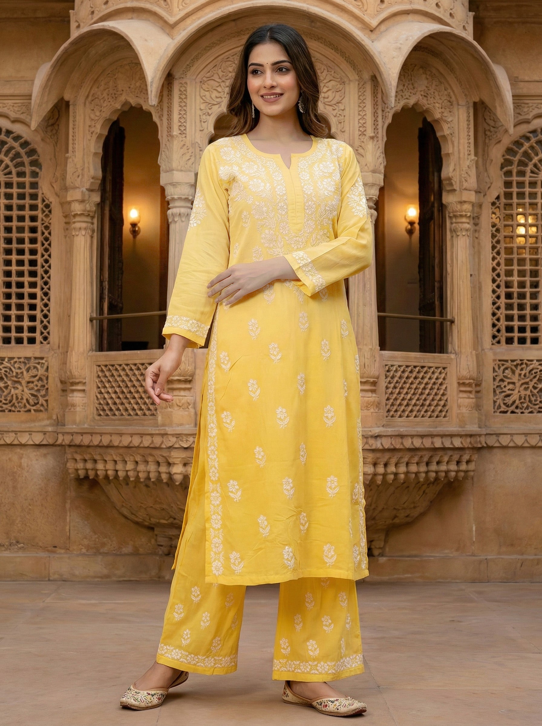 Women Floral Embroidered Regular Chikankari Kurta with Palazzos