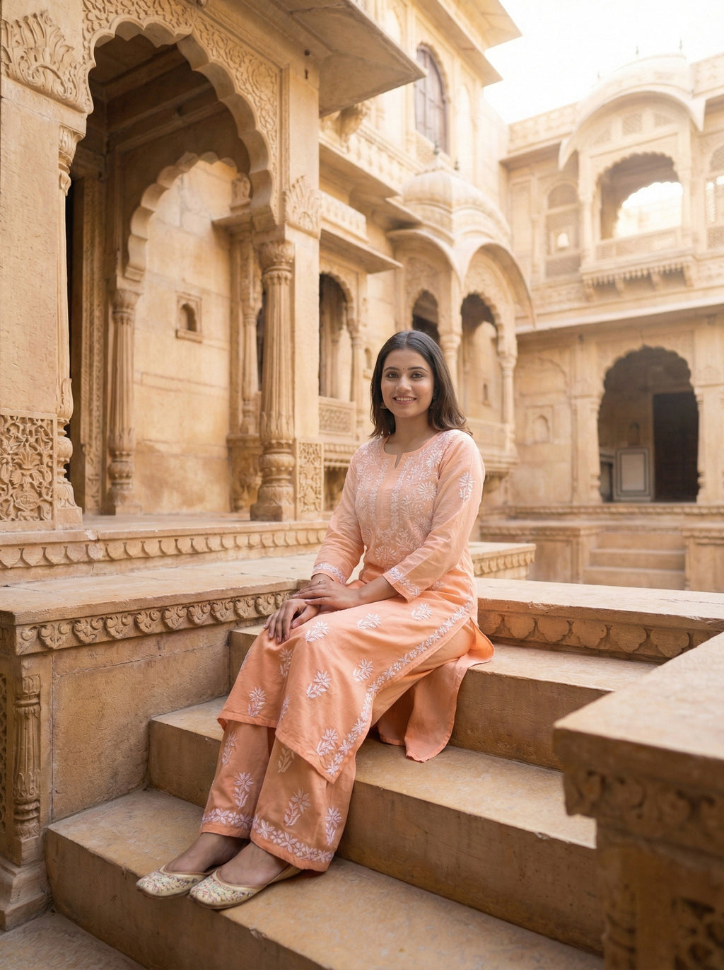 Women Ethnic Motifs Embroidered Regular Chikankari Kurta with Palazzos