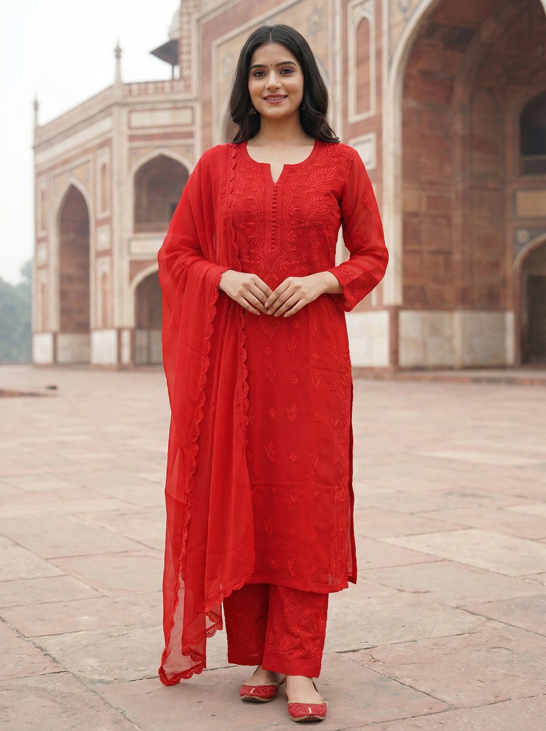 Women Ethnic Motifs Embroidered Regular Chikankari Kurta with Trousers & With Dupatta